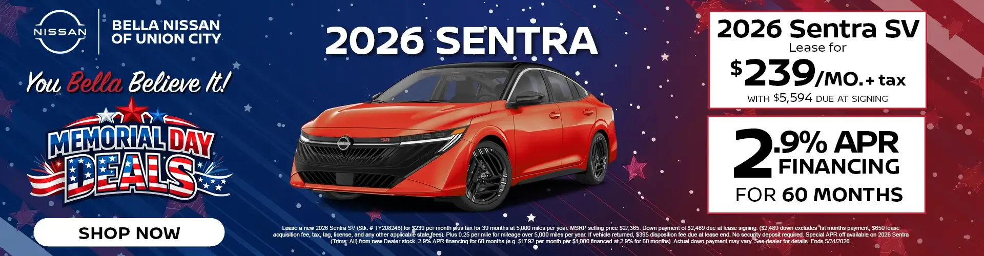 2026 Nissan Sentra lease for 239 dollars monthly or 2.9 percent financing for 60 months at Bella Nissan of Union City
